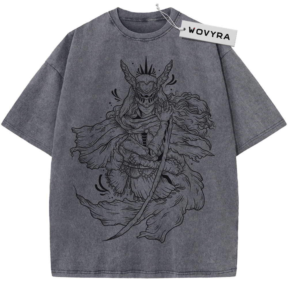 Charcoal gray horned warrior T-shirt with black line-art character illustration