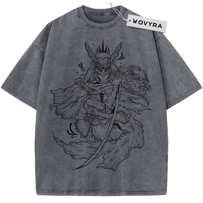 Charcoal gray horned warrior T-shirt with black line-art character illustration