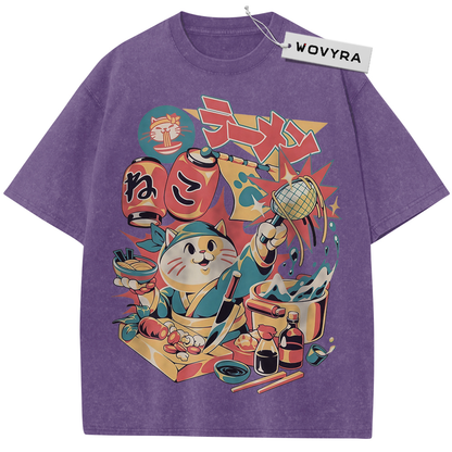 Purple Neko Ramen Cat T-shirt with a colorful cat and noodle-shop collage