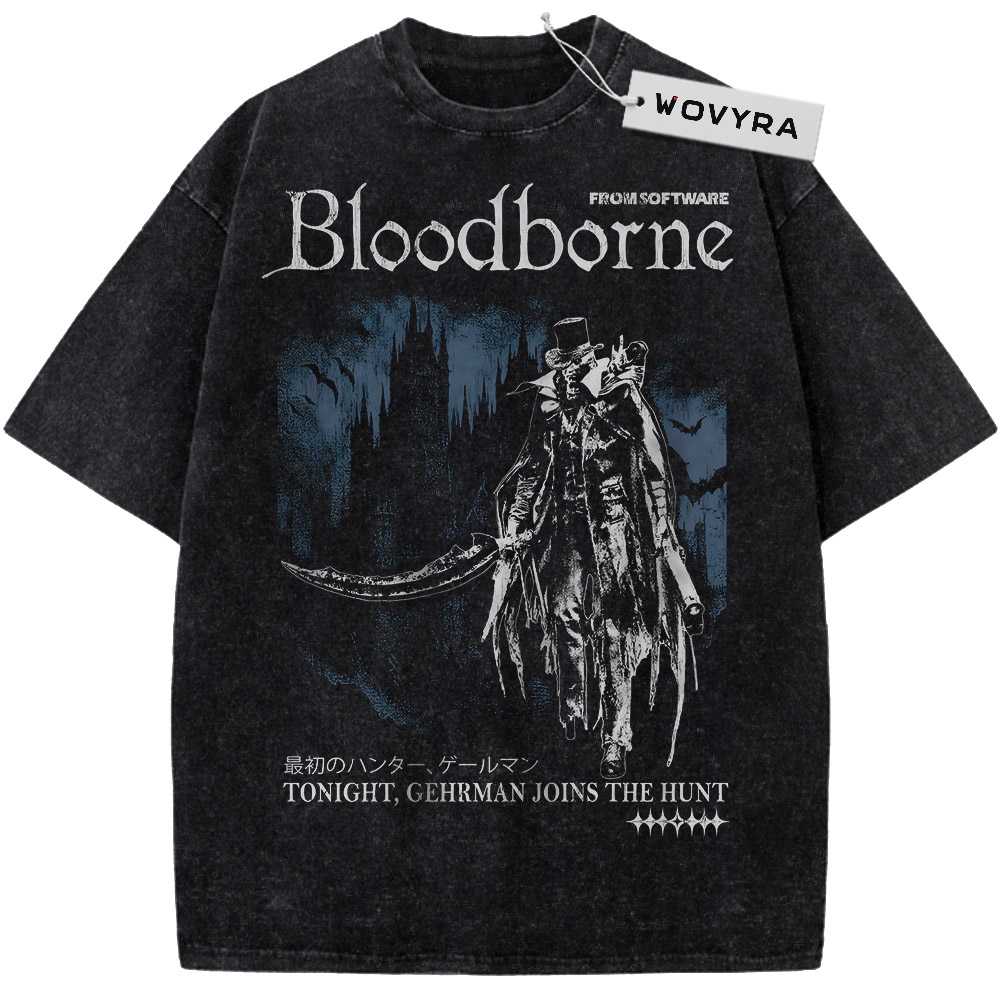 Bloodborne Hunter Silhouette Vintage T-Shirt with a pale hunter silhouette with a curved weapon beneath title lettering