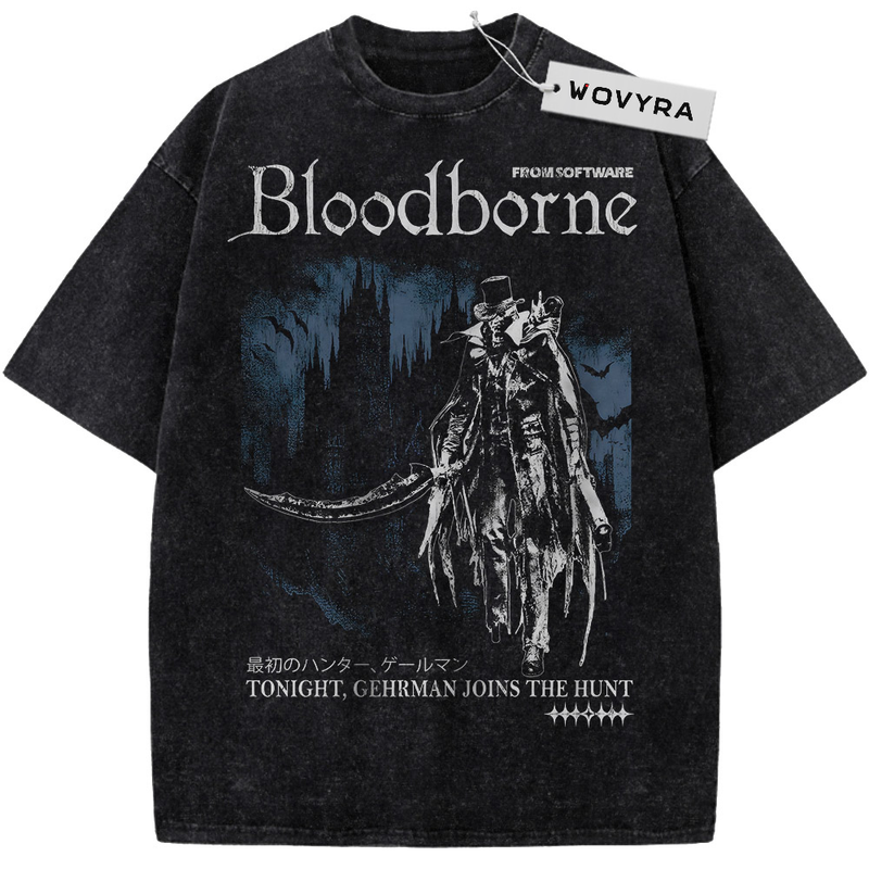 Bloodborne Hunter Silhouette Vintage T-Shirt with a pale hunter silhouette with a curved weapon beneath title lettering