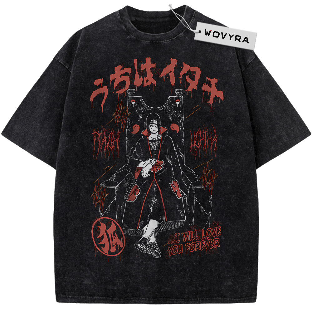 Vintage T-shirt featuring Itachi Uchiha in a dark character portrait surrounded by red lettering