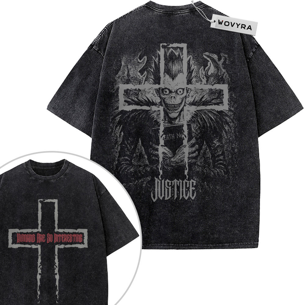 2-sided vintage T-shirt featuring a dark Ryuk portrait layered over a cross design
