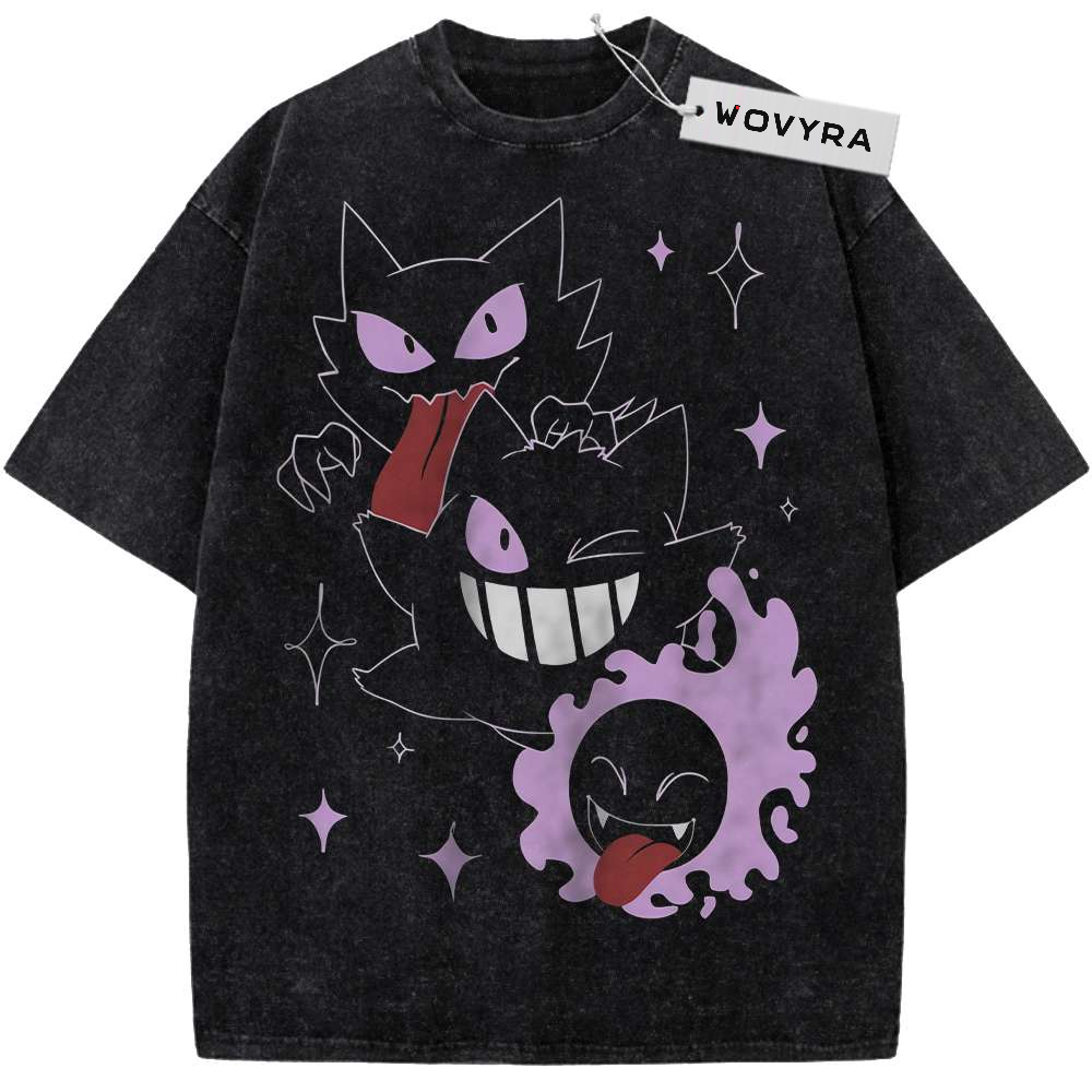 Vintage T-shirt featuring three purple ghost Pokemon faces arranged in a vertical stack