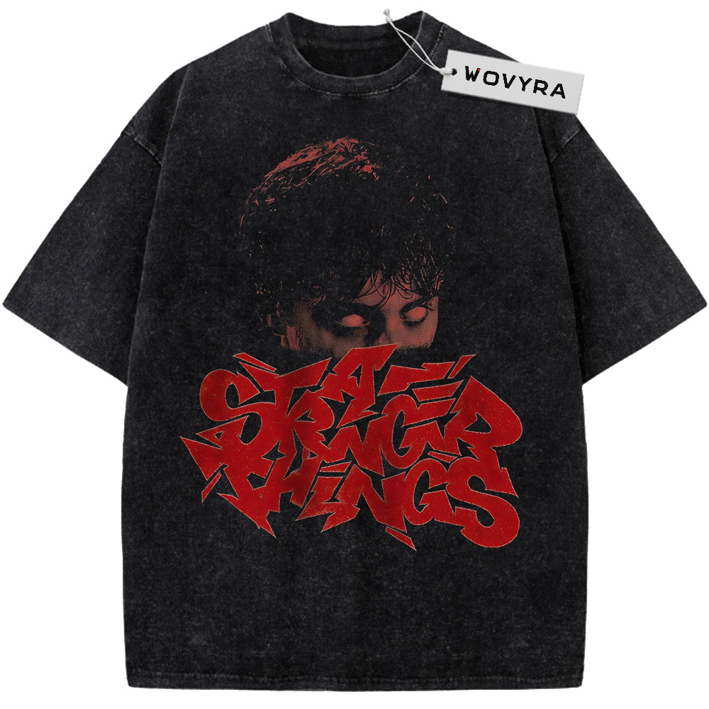 Vintage T-shirt featuring a shadowed portrait above large distorted red Stranger Things lettering
