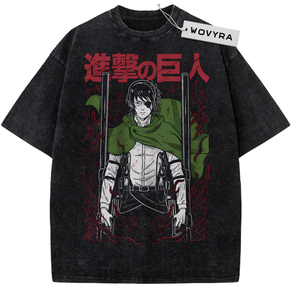Vintage T-shirt featuring Hange Zoe in a green cloak framed by red Japanese lettering