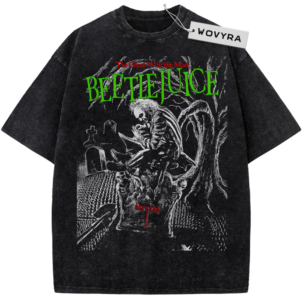 Beetlejuice Green Title Sketch Vintage T-Shirt with a monochrome horror scene beneath bright green title lettering