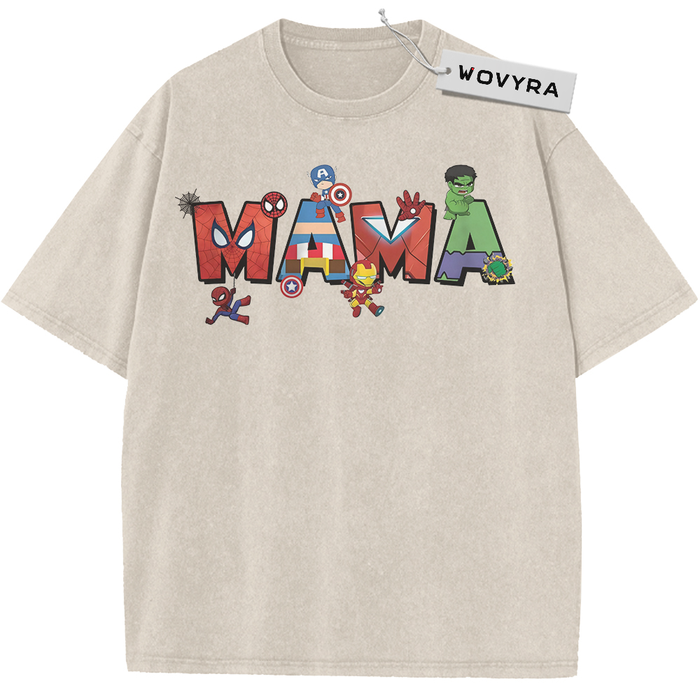 Vintage T-shirt featuring MAMA lettering filled with small cartoon superheroes and costume details