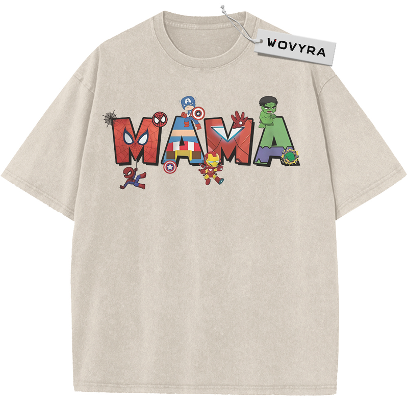 Vintage T-shirt featuring MAMA lettering filled with small cartoon superheroes and costume details