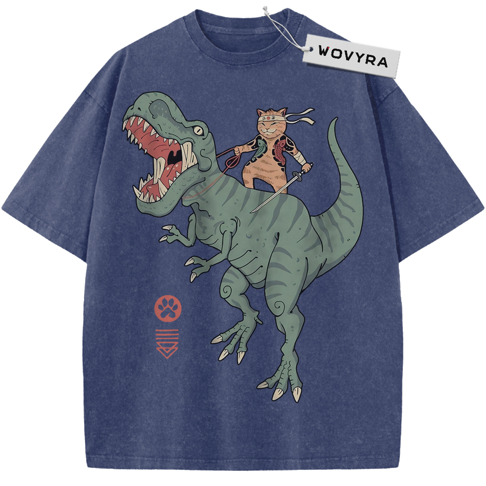 Blue Samurai Cat Dinosaur T-shirt with a sword-carrying cat riding a green dinosaur