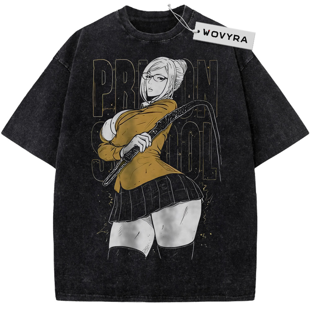 Prison School Meiko Shiraki Mustard Portrait Vintage T-Shirt with a character portrait in a mustard top against outlined lettering