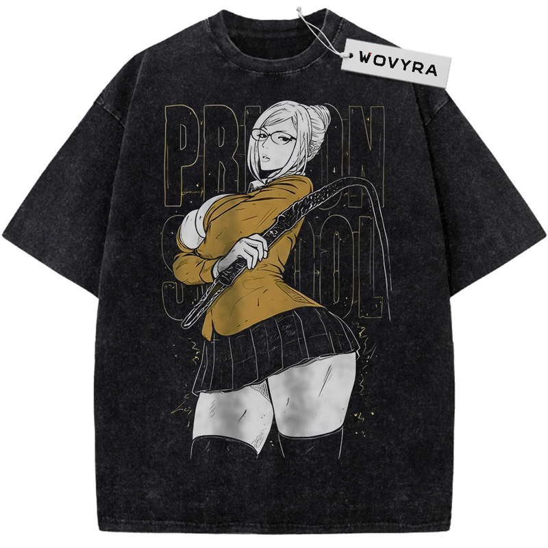 Prison School Meiko Shiraki Mustard Portrait Vintage T-Shirt with a character portrait in a mustard top against outlined lettering