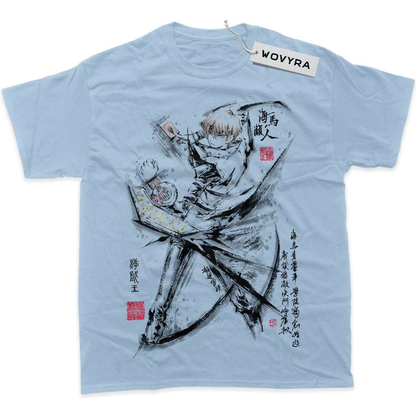 Light blue WOVYRA Seto Kaiba classic T-shirt with a black ink-style character portrait and red stamps