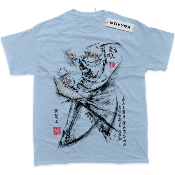 Light blue WOVYRA Seto Kaiba classic T-shirt with a black ink-style character portrait and red stamps