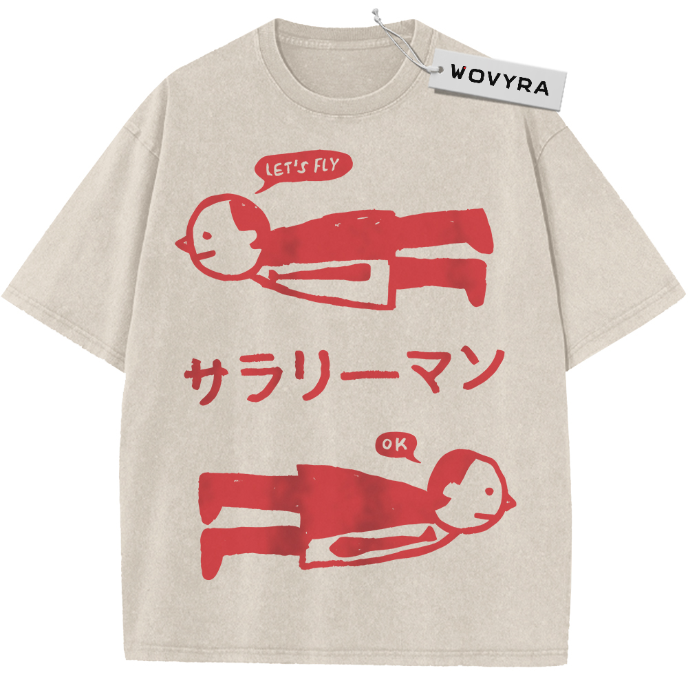 Salaryman Let's Fly Vintage T-Shirt with two red cartoon office workers with Japanese lettering