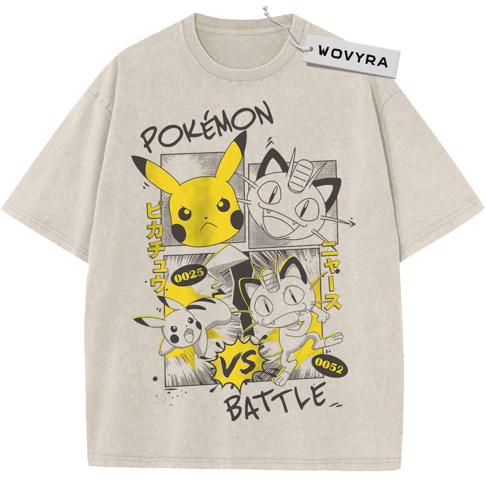 Vintage T-shirt featuring yellow Pikachu and monochrome Meowth panels arranged as a battle graphic