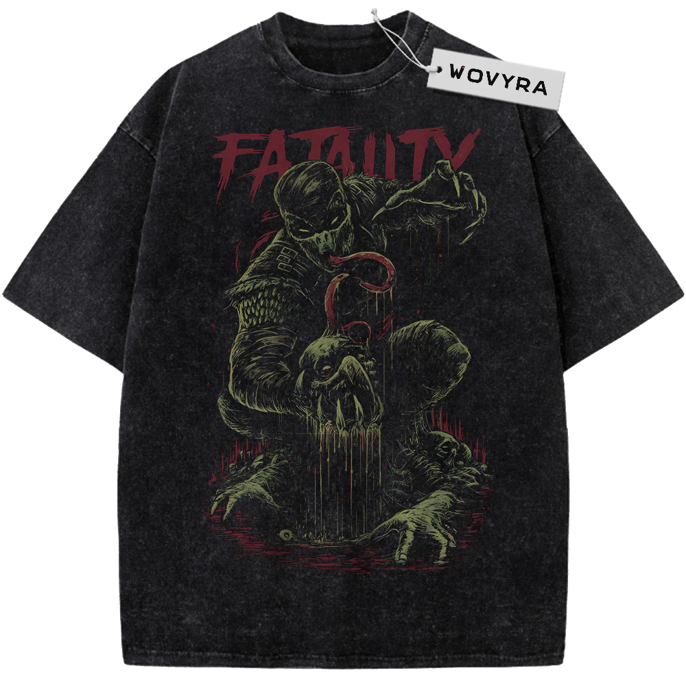 Vintage T-shirt featuring Reptile in a dark green combat illustration beneath red Fatality lettering