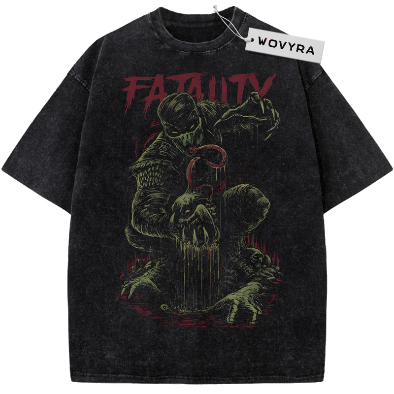 Vintage T-shirt featuring Reptile in a dark green combat illustration beneath red Fatality lettering