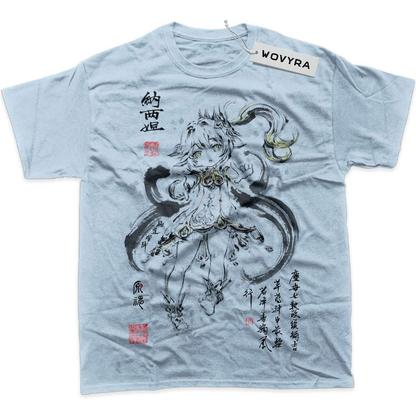 Light blue Nahida Genshin Impact T-shirt with ink-style character artwork and red accents