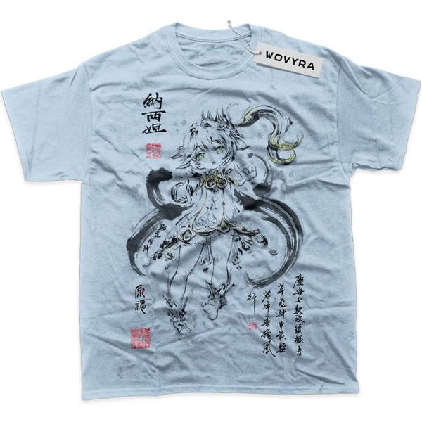 Light blue Nahida Genshin Impact T-shirt with ink-style character artwork and red accents