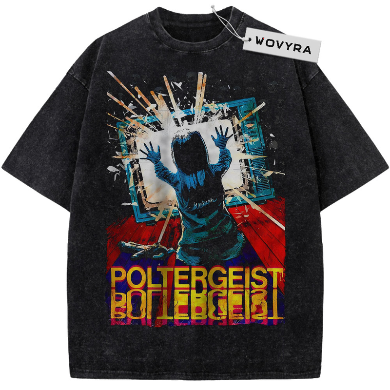 Poltergeist Television Poster Vintage T-Shirt with a child reaching toward a bright television above title lettering