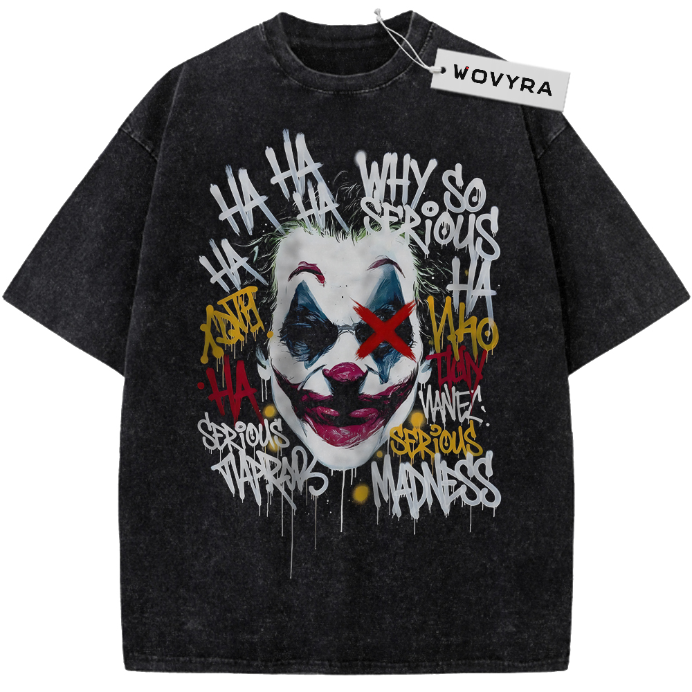 Joker Why So Serious Vintage T-Shirt with a painted face with an X eye and surrounding handwritten phrases