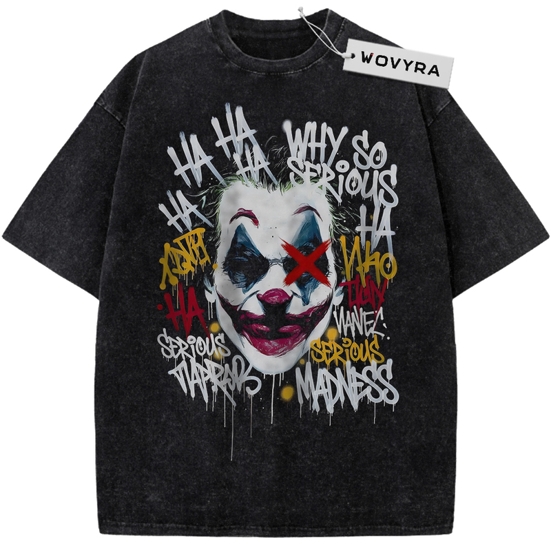Joker Why So Serious Vintage T-Shirt with a painted face with an X eye and surrounding handwritten phrases