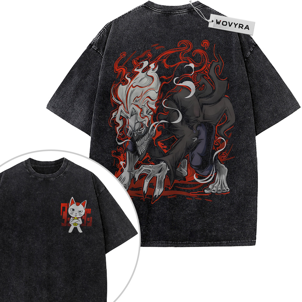 2-sided vintage T-shirt featuring Okarun in a white-haired transformation illustration with red and gray swirls