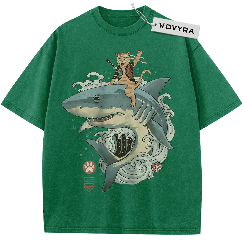 Green Samurai Cat Shark T-shirt with a cat riding a shark through curling waves