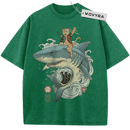 Green Samurai Cat Shark T-shirt with a cat riding a shark through curling waves