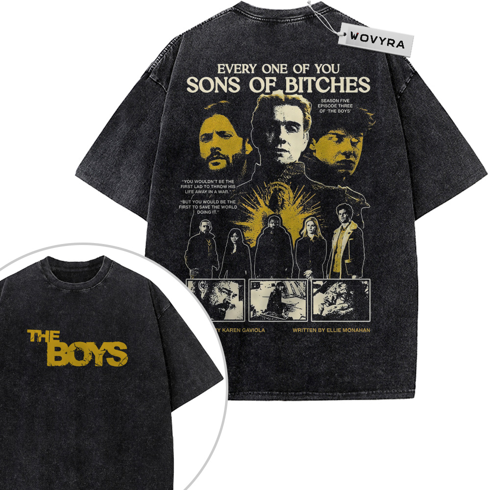 2-sided vintage T-shirt featuring a cast portrait collage with mustard-yellow faces and monochrome scenes