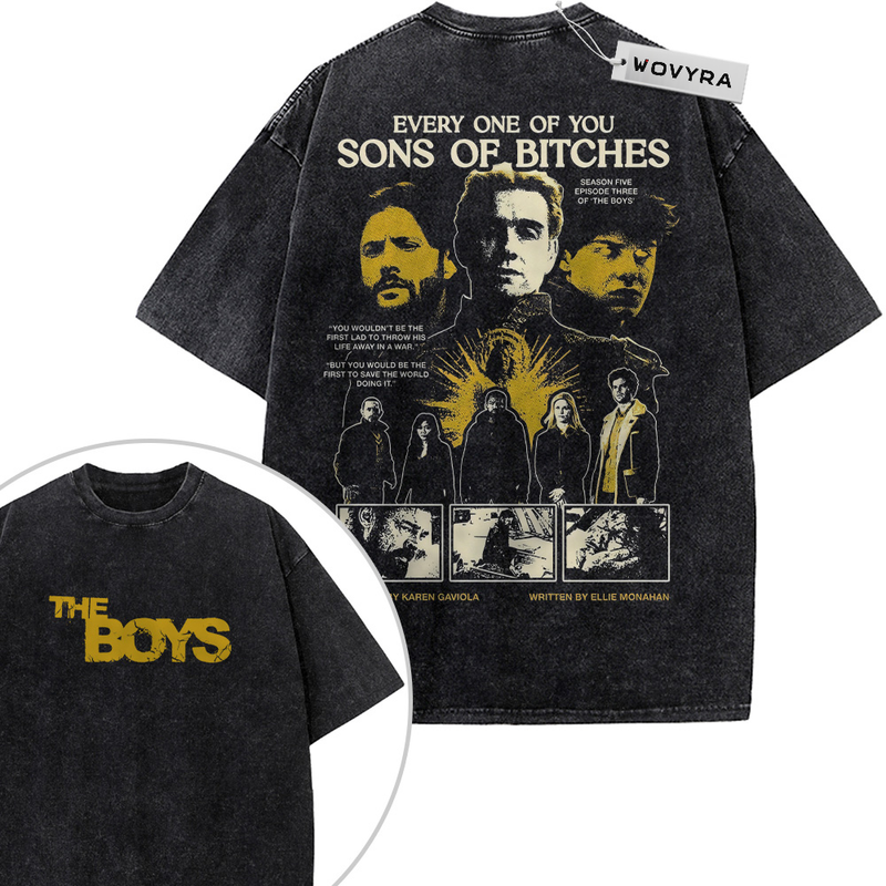 2-sided vintage T-shirt featuring a cast portrait collage with mustard-yellow faces and monochrome scenes
