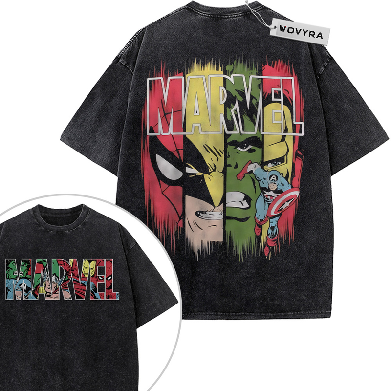 2-sided vintage T-shirt featuring Marvel lettering over red, yellow and green comic character panels