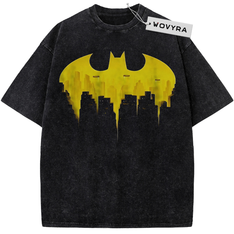 Batman Yellow Skyline Emblem Vintage T-Shirt with a yellow bat emblem containing a black city skyline