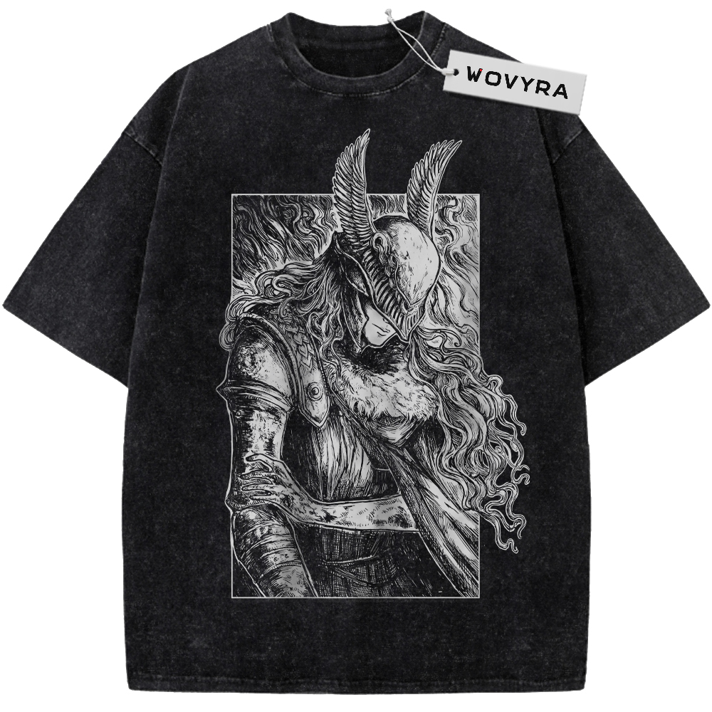 Malenia Framed Monochrome Portrait Vintage T-Shirt with a winged-helmet portrait within a fine-lined rectangular frame