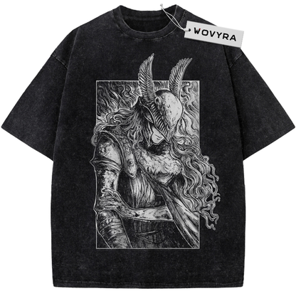 Malenia Framed Monochrome Portrait Vintage T-Shirt with a winged-helmet portrait within a fine-lined rectangular frame