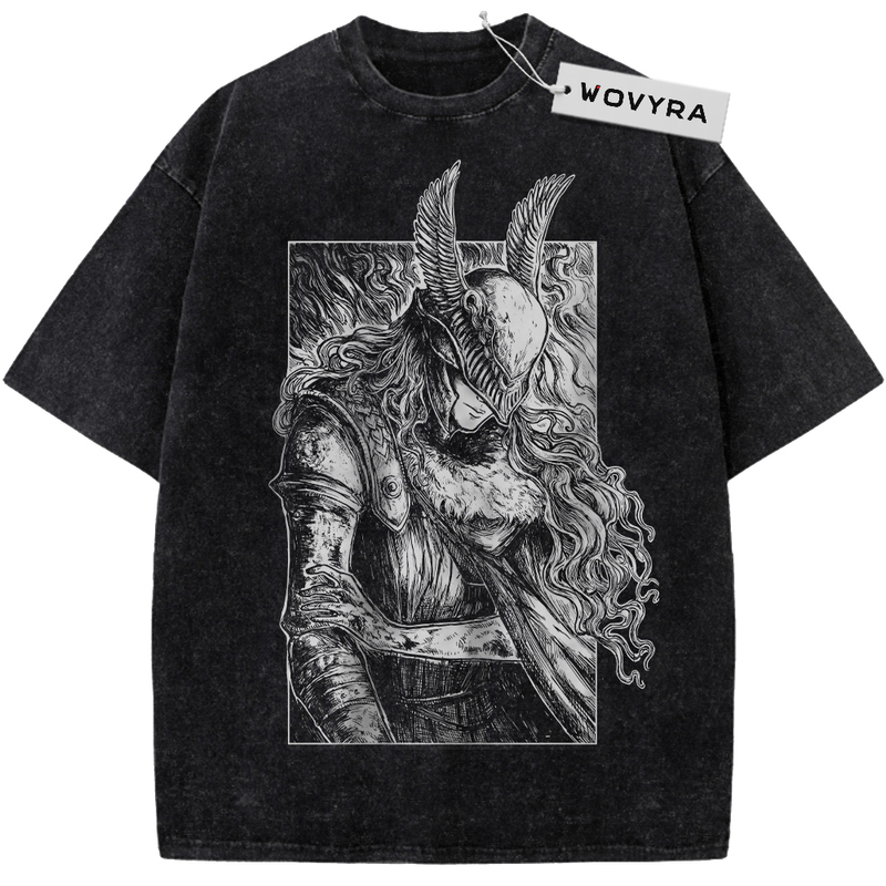Malenia Framed Monochrome Portrait Vintage T-Shirt with a winged-helmet portrait within a fine-lined rectangular frame