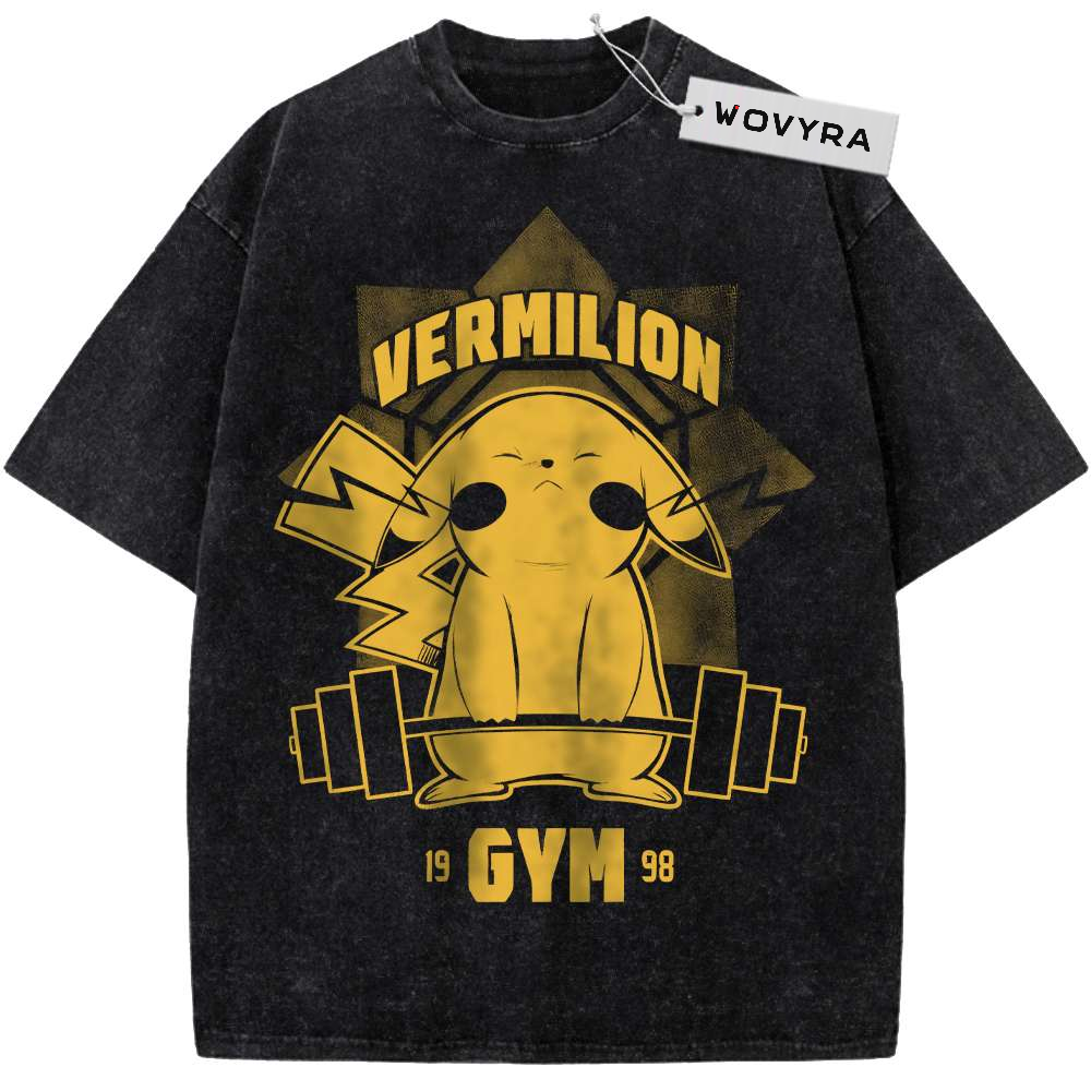 Vintage T-shirt featuring Pikachu holding a barbell beneath bold yellow gym lettering