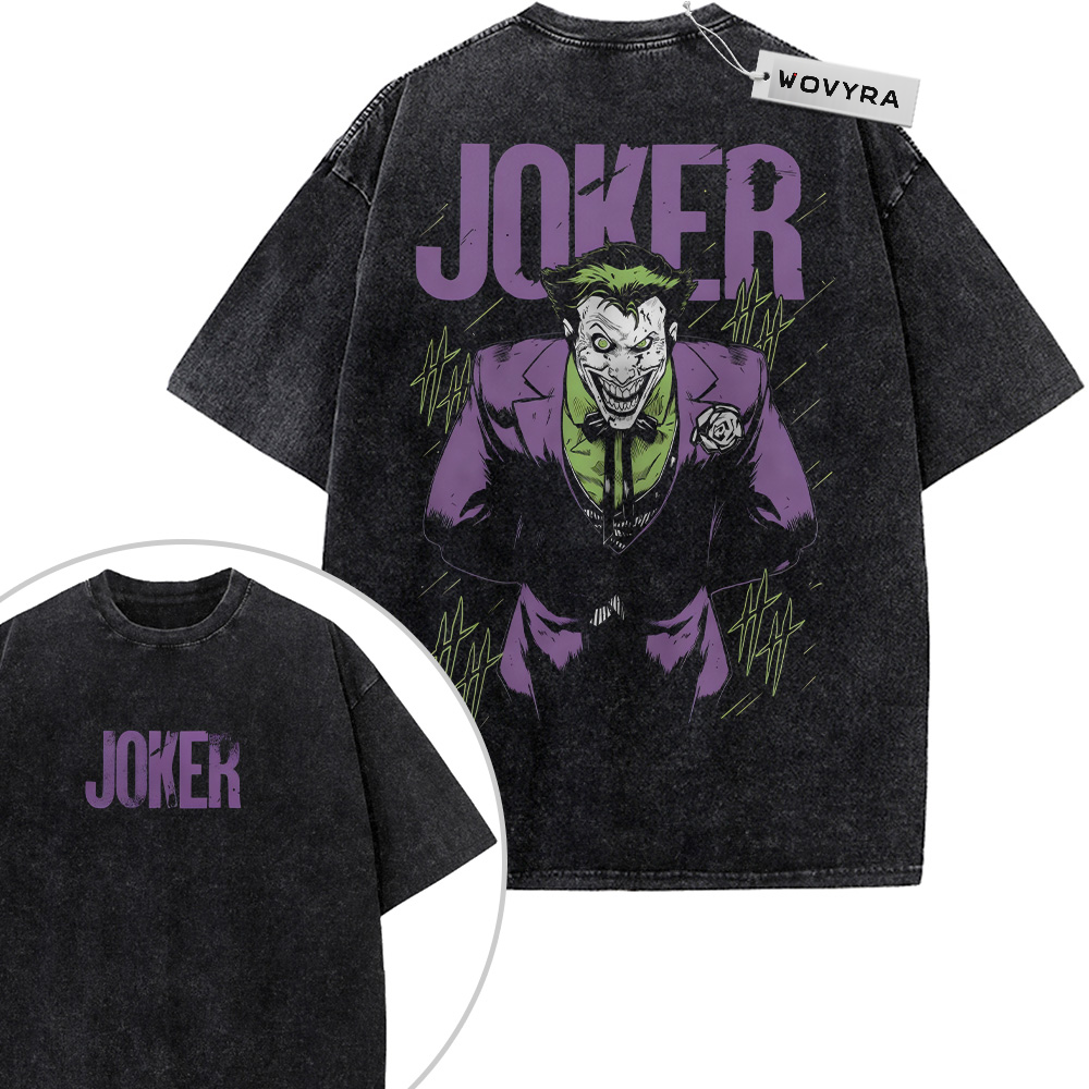 Joker Purple Portrait 2-Sided Vintage T-Shirt with a purple-suited Joker portrait beneath large purple lettering