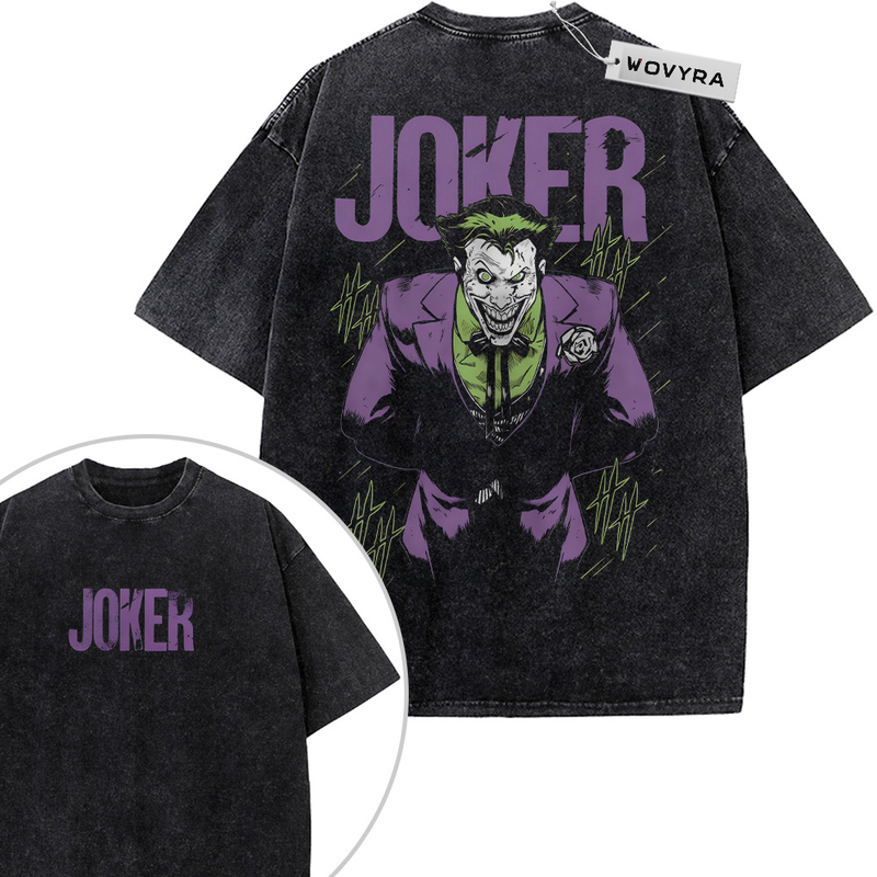 Joker Purple Portrait 2-Sided Vintage T-Shirt with a purple-suited Joker portrait beneath large purple lettering