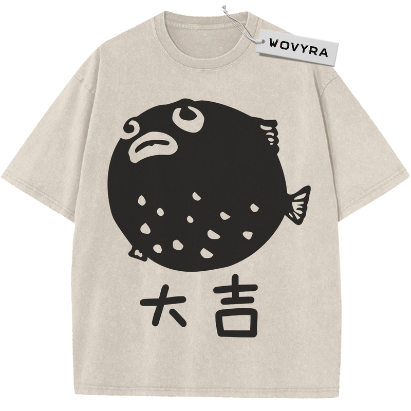 Pufferfish Black Silhouette Vintage T-Shirt with a rounded black pufferfish silhouette with Japanese lettering