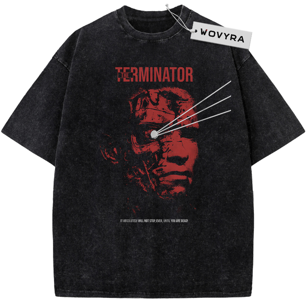 The Terminator Red Laser Portrait Vintage T-Shirt with a red portrait crossed by bright diagonal beams