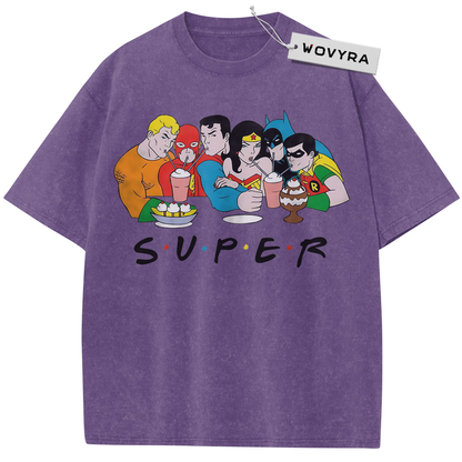 Purple vintage T-shirt featuring a Justice League cartoon group with cups and SUPER lettering