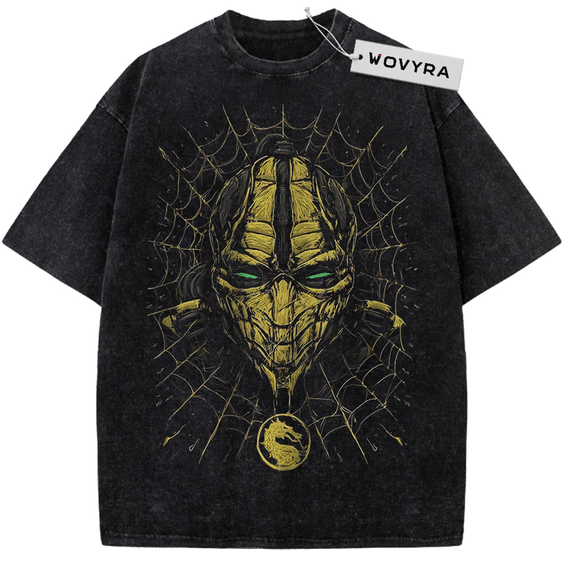Vintage T-shirt featuring a gold Scorpion mask centered in a dark web-like pattern
