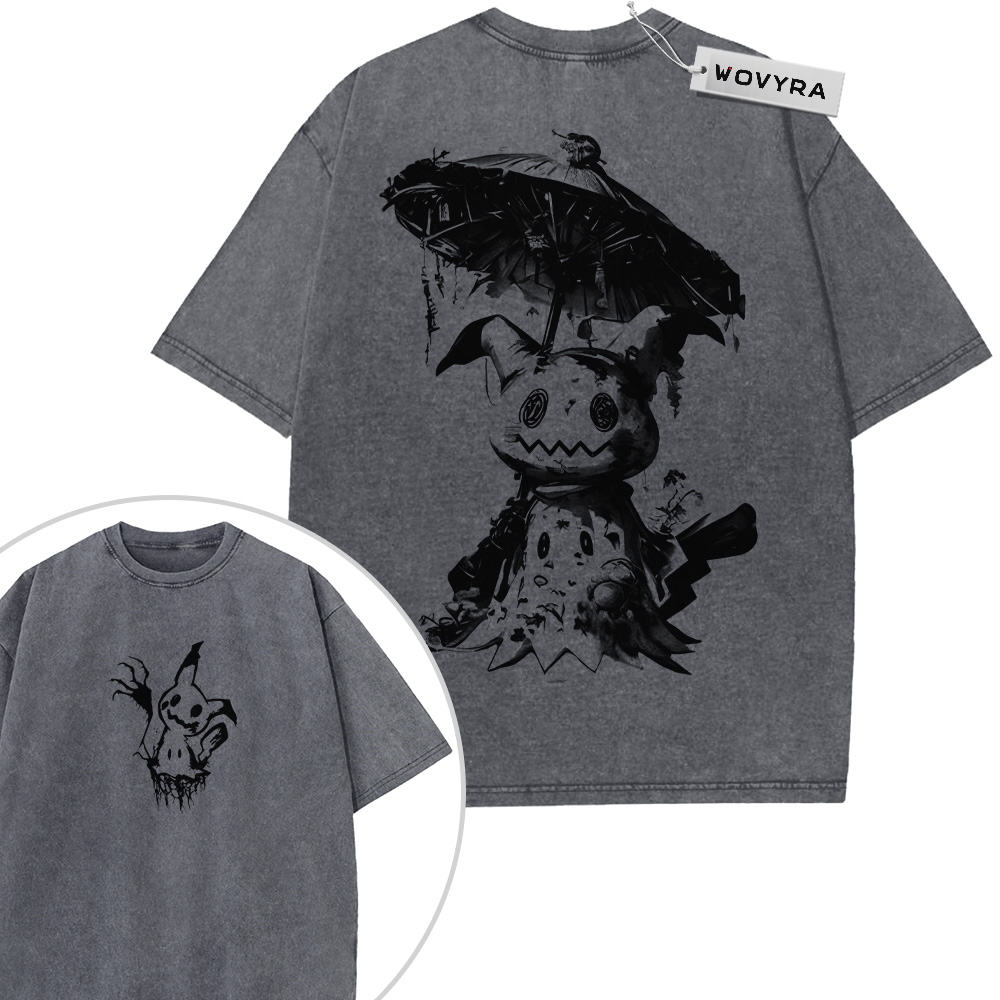 Pokemon Mimikyu Umbrella 2-Sided Vintage T-Shirt with a dark Mimikyu illustration beneath an umbrella