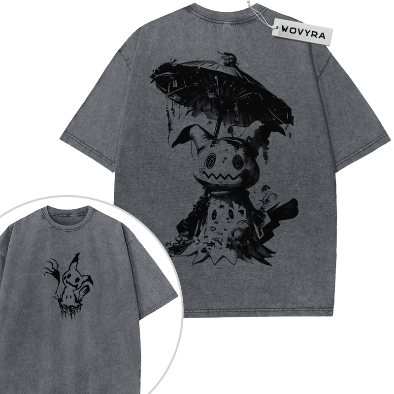 Pokemon Mimikyu Umbrella 2-Sided Vintage T-Shirt with a dark Mimikyu illustration beneath an umbrella