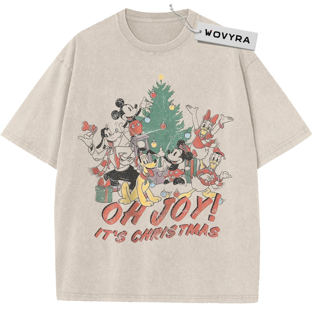 Mickey, Donald, Goofy & Pluto Christmas Tree Vintage T-Shirt with cartoon friends gathered around a Christmas tree and gifts