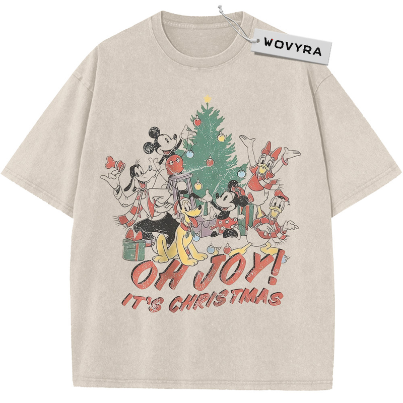 Mickey, Donald, Goofy & Pluto Christmas Tree Vintage T-Shirt with cartoon friends gathered around a Christmas tree and gifts