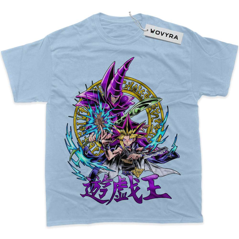 Light blue WOVYRA Dark Magician and Yugi classic T-shirt with a purple magician and colorful circular sigil