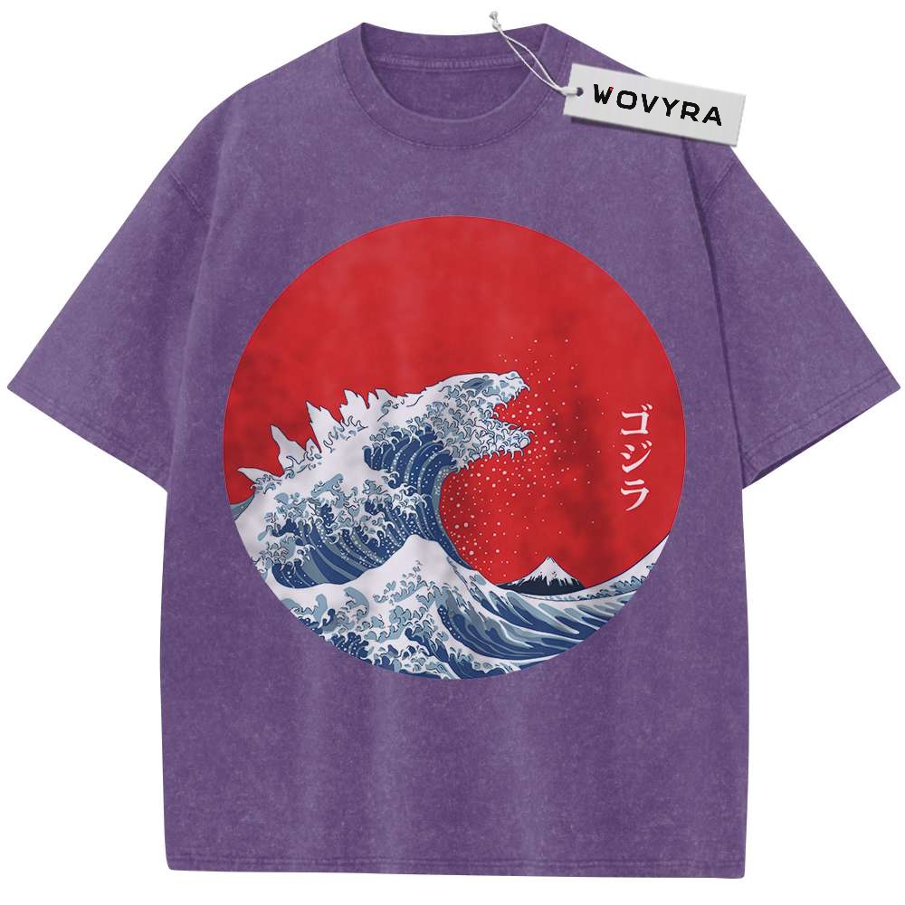 Purple kaiju T-shirt with a monster-shaped blue wave and red sun graphic